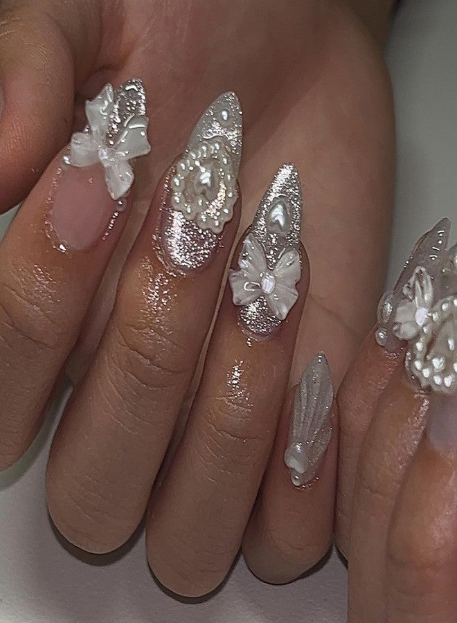OSTTMA 24Pcs Almond Press on Nails 3D Heart Fake Nails Glossy Silver False Nails with 3D Bow Heart Pearl Acrylic Nails Designs Luxury Glue on Nails Full Cover Artificial Nails for Women Manicure Decor - Image 1